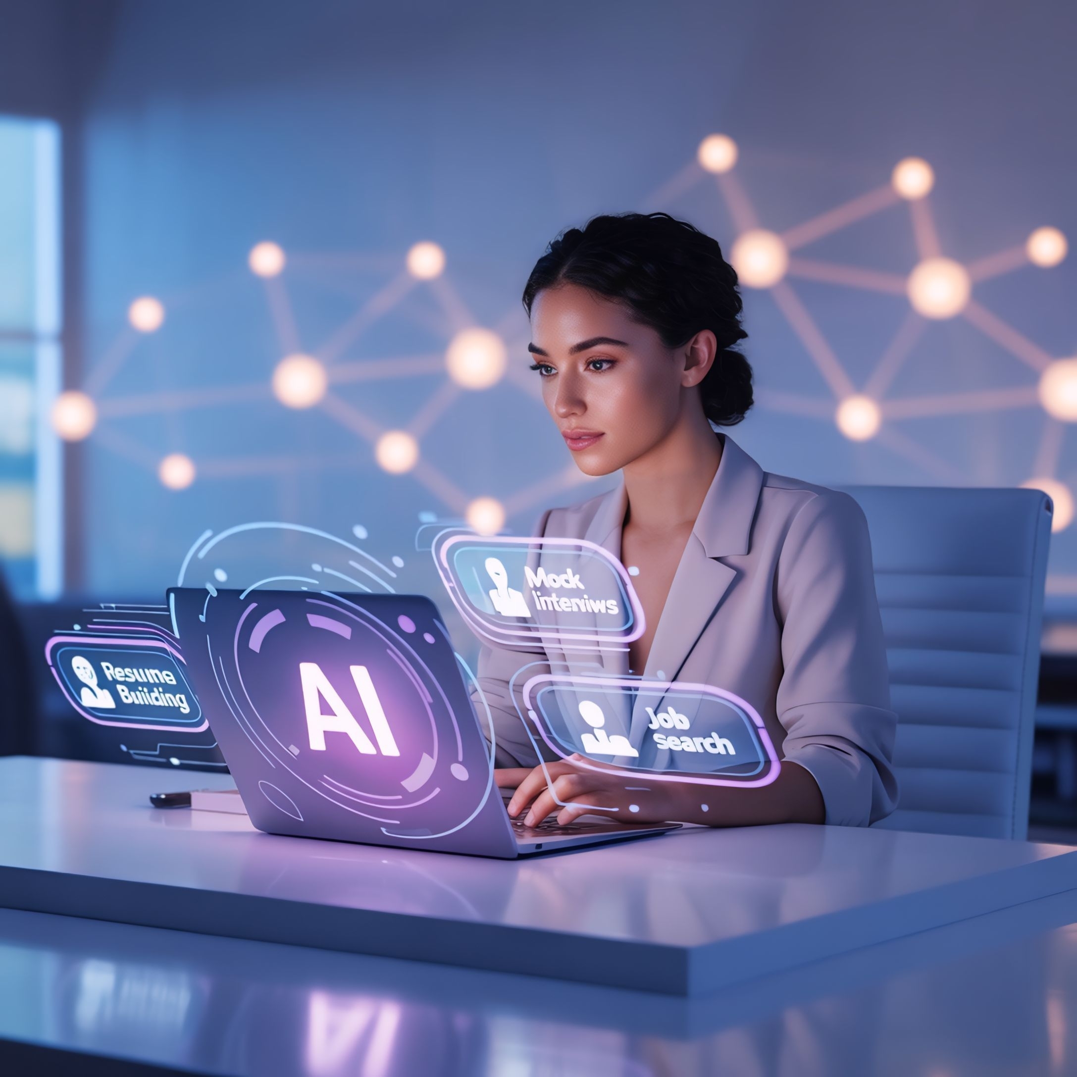 Businesswoman,Using,Ai,Technology,For,Resume,Building,,Job,Search,,And