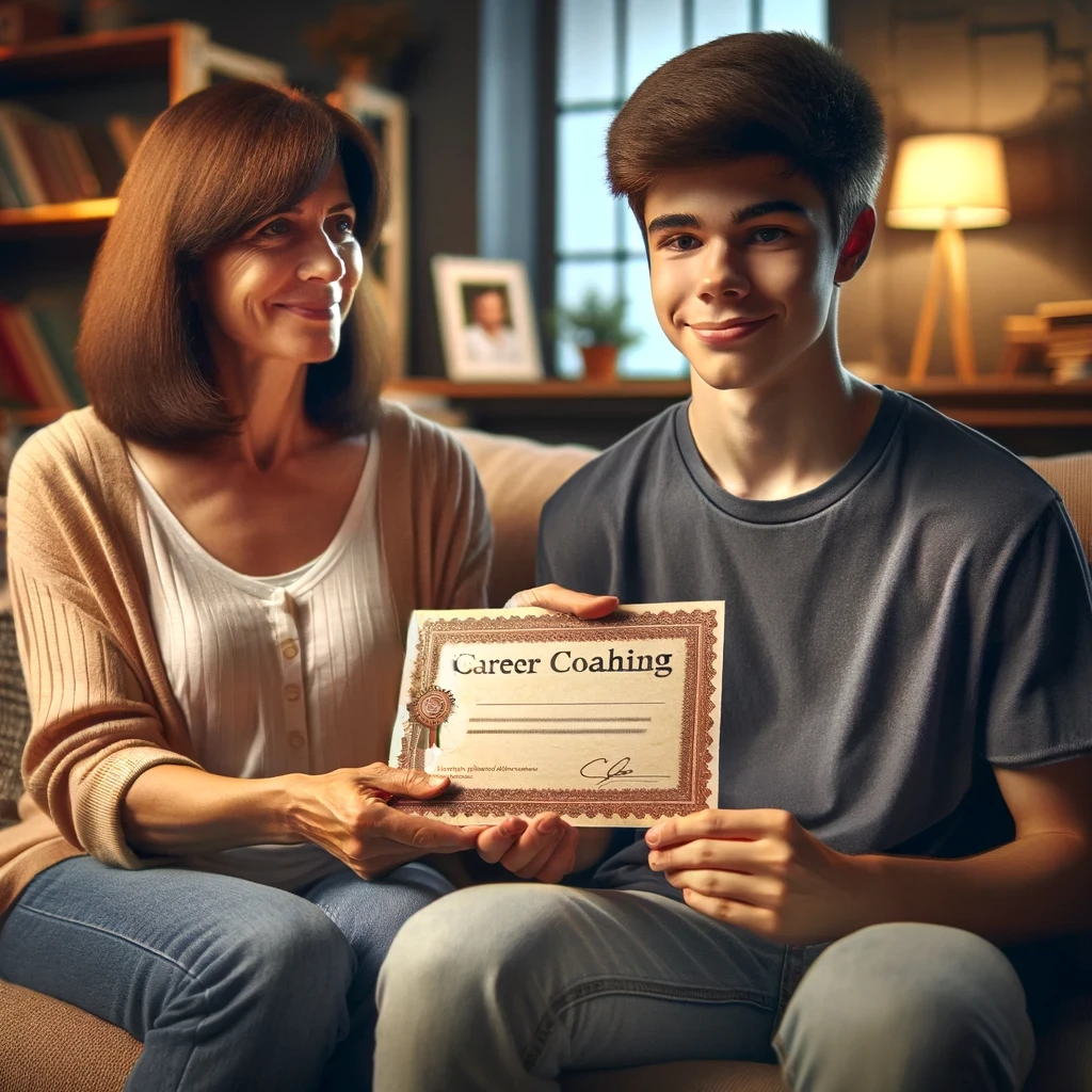 Parent presenting career coaching certificate to student