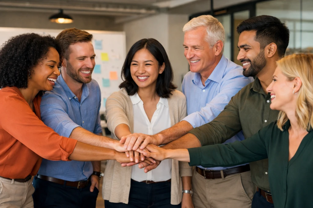 Effective Team Building Diverse Group showing team spirit